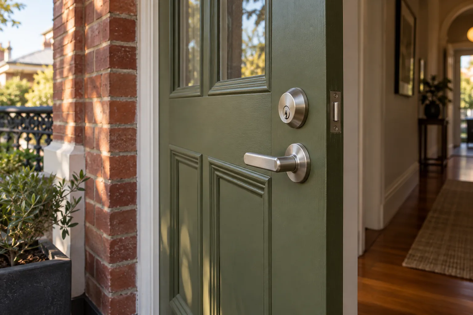 Green front door with a silver lock and handle